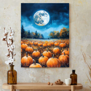 Harvest Moon Landscape Canvas Print - Autumn Night Sky Wall Art