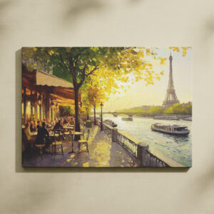 Parisian Cafe Oil Painting Canvas - Eiffel Tower View Wall Art