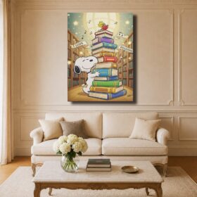 Cartoon Canvas Art – Snoopy & Woodstock Reading in the Library