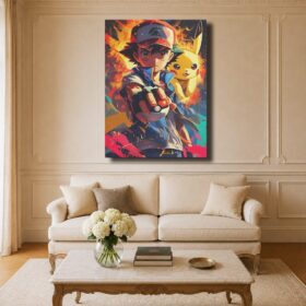 Pokémon Canvas Art – Ash, Pikachu & Pokéball Fire Art