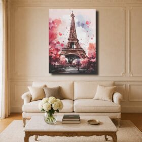 Paris Canvas Art – Watercolor Eiffel Tower & Spring Cherry Blossoms