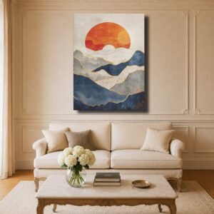 Landscape Canvas Art - AI Generated Mountains & Sun Poster