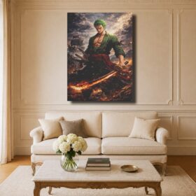 Zoro Canvas Art – Flaming Katana & Pirate Ship