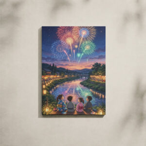 Alternative view of Japanese Canvas Art - Fireworks Over River at Sunset