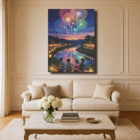 Japanese Canvas Art – Fireworks Over River at Sunset